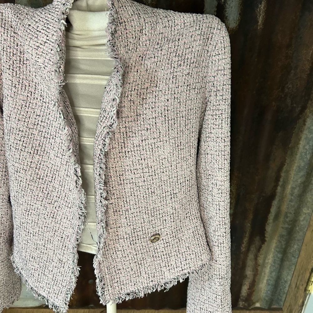 Sugar + Lipz Tweed Fringe Jacket- Pink- Open Front - Picture 4 of 10